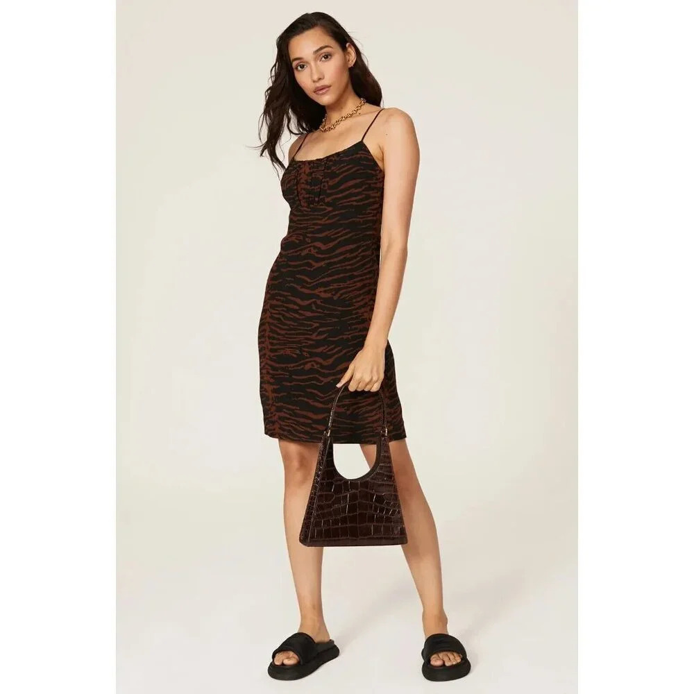 Staud Bell Zebra Print Mini Dress in Black and Brown Spaghetti Strap Size 6‎